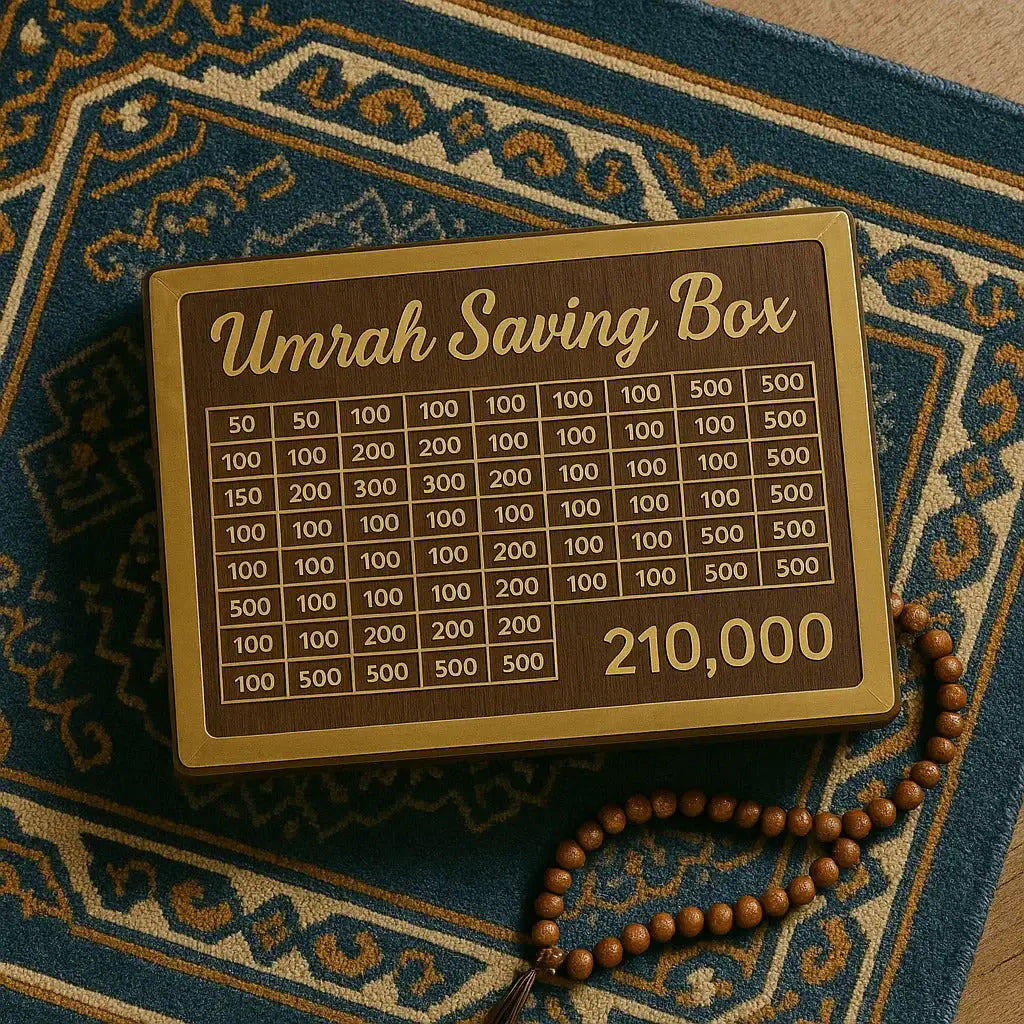 Wooden Umrah Saving Box with 280 Days Tracker | Islamic Money Saving Box for Hajj & Umrah | Halal Cash Box Gift for Muslims | Daily Pilgrimage Goal Jar