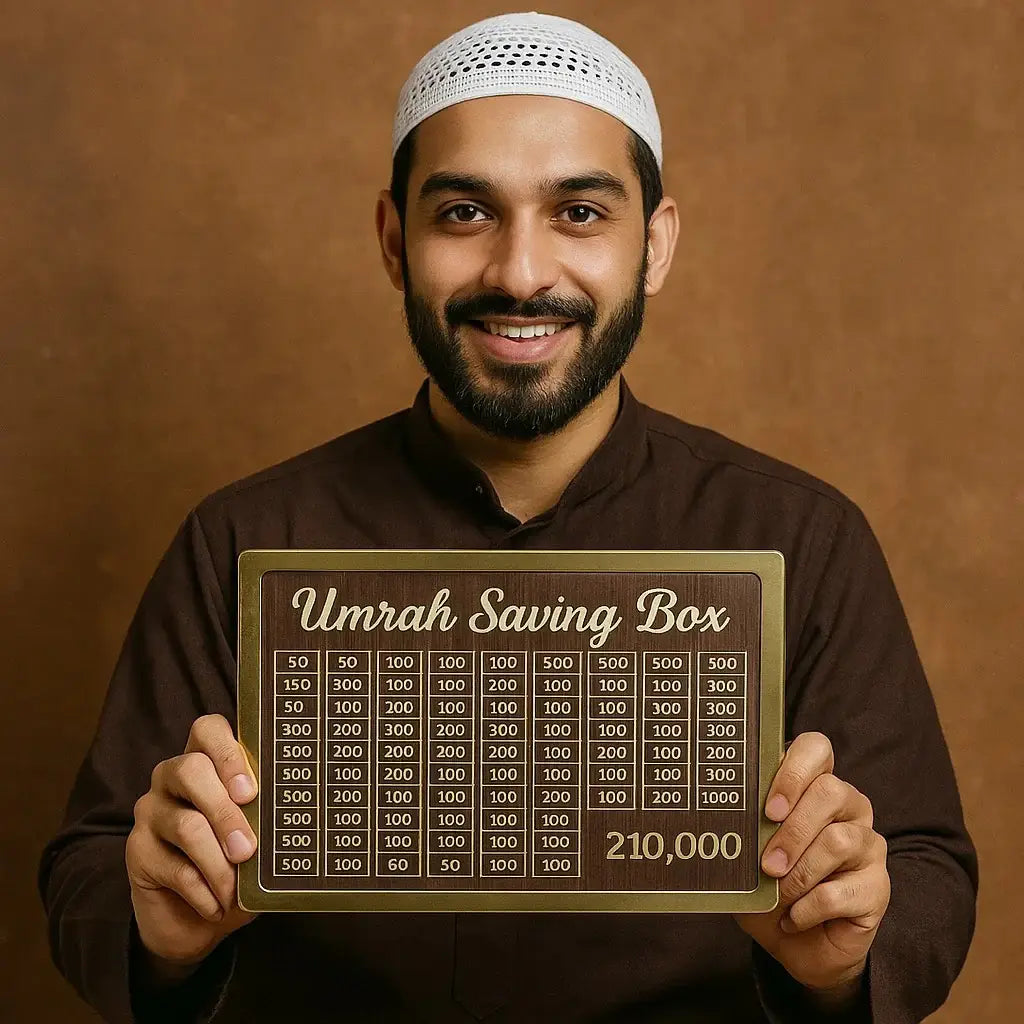 Wooden Umrah Saving Box with 280 Days Tracker | Islamic Money Saving Box for Hajj & Umrah | Halal Cash Box Gift for Muslims | Daily Pilgrimage Goal Jar